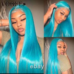 13x4 Mint Blue Lace Front Human Hair Wigs For Women Bone Straight Remy Wigs HD