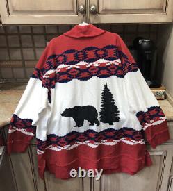 Free People All Team Cardigan Scenic Landscape Bear French Terry Red Blue L NEW