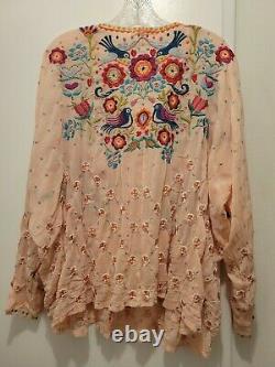 Johnny Was Peach Multi All Over Embroidered Blouse Topper MINT Large Fits L-XL