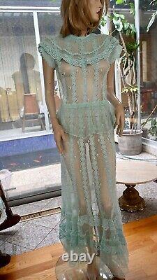 Lim's Vintage Intricate & Delicate All Hand Crochet Maxi Dress Mint One Size M
