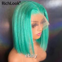 Mint Green Bob Lace Front Human Hair Wigs Preplucked Short Straght Transparent