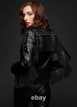 Sloane Peterson Ferris Bueller's Black Motorcycle Studded Fringe Leather Jacket