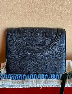 TORY BURCH ALL T Logo Chain Flap Top Adjustable Cross Body Black Leather MINT