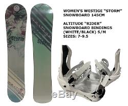 Women's Westige Storm Snowboard 145cm +altitude Rider Bindings (white) S/m 7-9.5