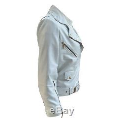 Womens Classic Cropped Biker White Lamb Moto Real Leather Jacket All Sizes